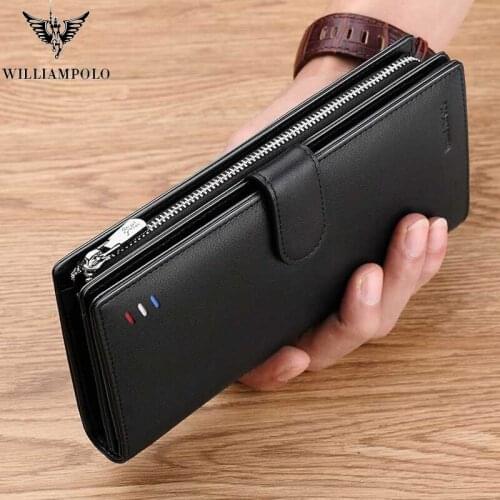 Willianmpolo genuine new mens Leather Long Wallet Black Fashion credit card big money WALLET business zip cow leather bag