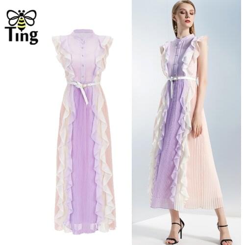Tingfly Runway Fashion Ruffles Summer Chiffon Pleated Party Dinner Dresses Chic Hit Color Block Vogue Vestidos Clothes Tide Za