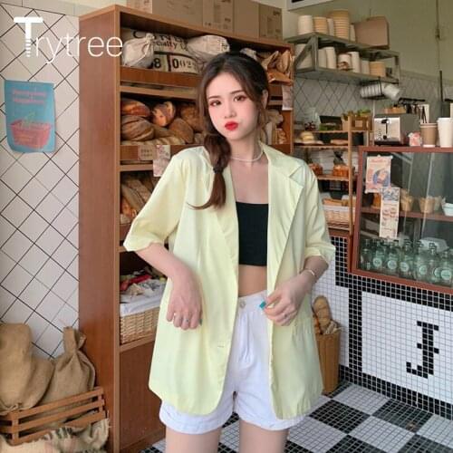 Trytree 2021 Summer Casual Womens Jacket Notched Lapel Single Breasted Pocket Loose Solid 8 Candy Colours Office Lady Thin Coat