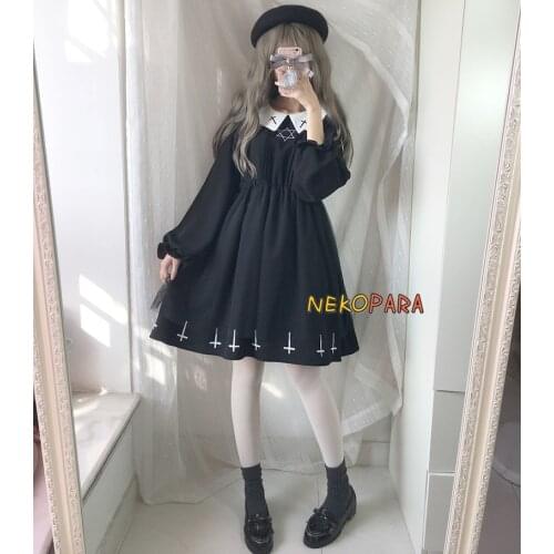 Cute Girls Gothic Lolita Cross Hexagon Spring Long Sleeve Dress Double Layers Mesh Outer Little Black Dress