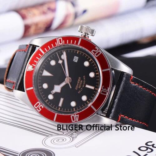 Fashion 41MM Black Sterile Dial Red Bezel Mens Watch Auto Date Sapphire Crystal 20ATM Automatic Movement