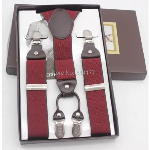 2019 Burgundy man suspenders fashion braces gift box Adjustable 4 Clips suspenders Mens Gift Wedding apparel accessories