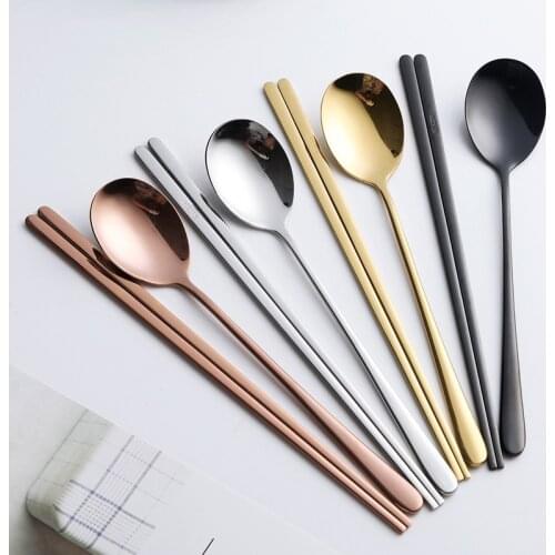 Gold 18/10 Korean Stainless Steel Food Chopsticks Spoon Set Long Handle Flat Non-slip Chopsticks Dessert Spoons Dinnerware Set