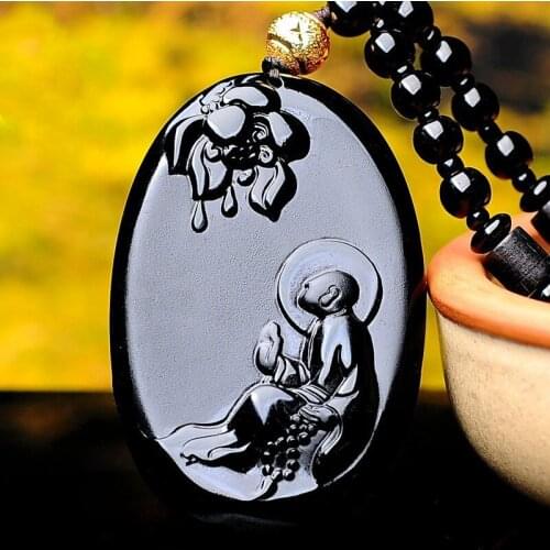 Natural Obsidian Zen Zen Enlightenment Pendant Fashion Boutique Jewelry Men and Women Hand Carved Dharma Founder Necklace Gift