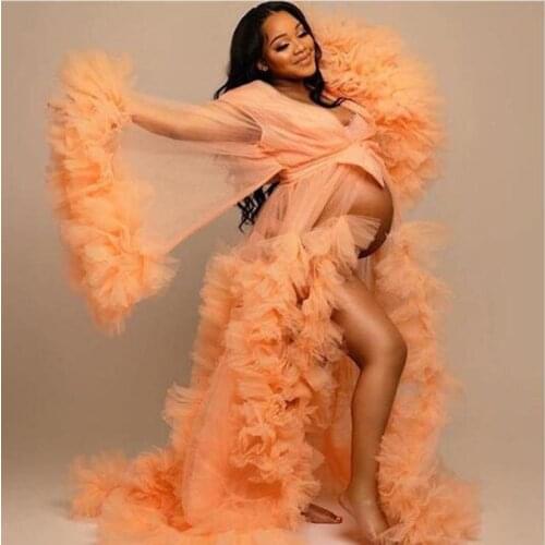 Orange Prom Dresses Tulle Maternity Robes Women Photoshoot Bathrobe Fluffy Party Sleepwear Custom Made Gowns 2021