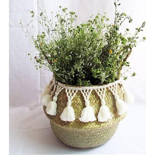 Handmade Seagrass Woven Storage Baskets Wicker Basket Garden Flower Vase Potted Foldable Basket White Tassel with Handle Storage