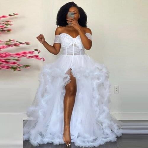 Sexy Applique Tulle Prom Dress for Photography Long High Slit robe de soiree White Prom Dresses Prom Gown Lush Party Gowns