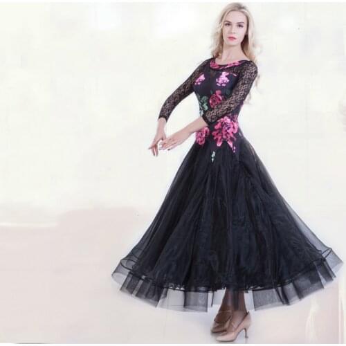 Modern Dance dress lace sleeve flower print top part vivid dress one piece ballroom dance dress