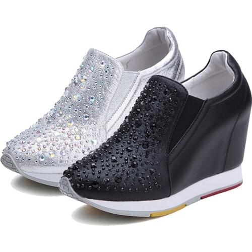 Womens Pointy Toe Rhinestones Wedge Hidden High Heel Loafers Sneakers Casual Black Sliver Shoes Genuine Leather Girls