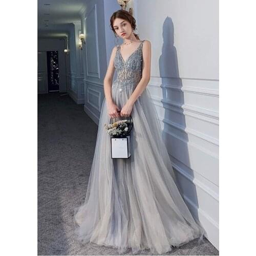 Evening Dresses 2021 New Sleeveless V-neck Birthday Party Sexy Backless Host Prom Dress Robe De Bal