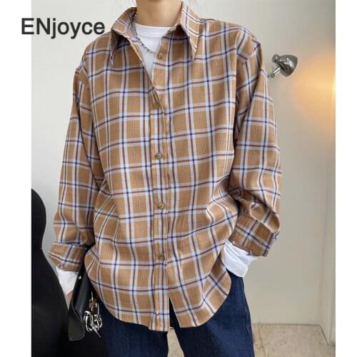 Vintage Coffee Plaid Long Sleeve Shirts Women Spring Fall Fashion Boyfriendy Style Clothing Wide Shoulder Casual Loose Shirt