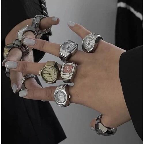 Vintage Rings Punk Elastic Steel Quartz Watch Stainless Steel Silver Shell Rings for Women Man Couple Rings Jewelry Accessories