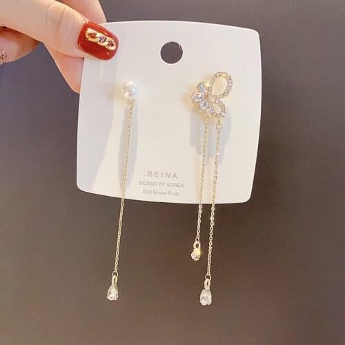 2021 Korean Fashion Jewelry New Asymmetry Gold Plated Long Tassel Pearl Crystal Butterfly Earrings For Women Girls Accessories