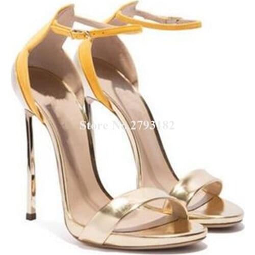 Women Brand Design Open Toe Gold Metal Stiletto Heel Gladiator Sandals Patchwork High Heel Sandals Dress Heels Wedding Shoes