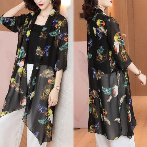 Women 2021 Summer Fashion Cardigan Blouse Shirt Female Loose Chiffon Long Tops Casual Ladies Tops Floral Sunproof Blusas S140