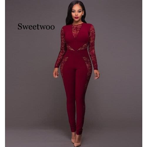 Women Lace Hollow out Jumpsuit Patchwork Sexy High Waist Pencil Pants Zipper Night Club Rompers
