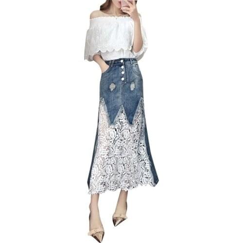 2019 womens Star sets summer new word shoulder tops skirt suit two-piece Hollow cowboy small incense wind elegant Lace dress