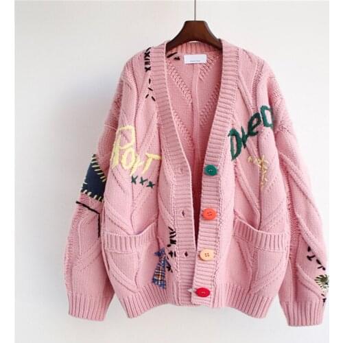 2021 Autumn Winter Korean New V-Neck Embroidery Women Knitted Cardigan Sweater Female Thick Loose Single Breasted Sweater Coat