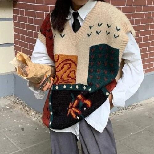 Zadily 2021 Autumn Street Style Patchowork Knit V Neck Womens Sweater Y2K Sleeveless Ladies Vest Winter Loose Female Clothing