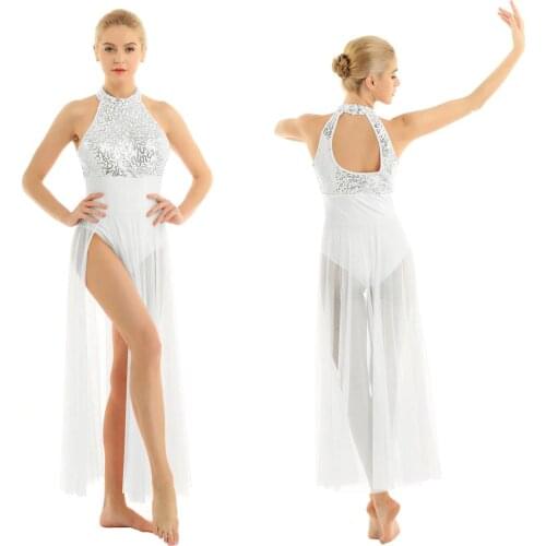 Women Shiny Sequins Ballet Tutu Leotard Mesh Long Dress Adult Ballroom Performance Contemporary Lyrical Dance Costumes