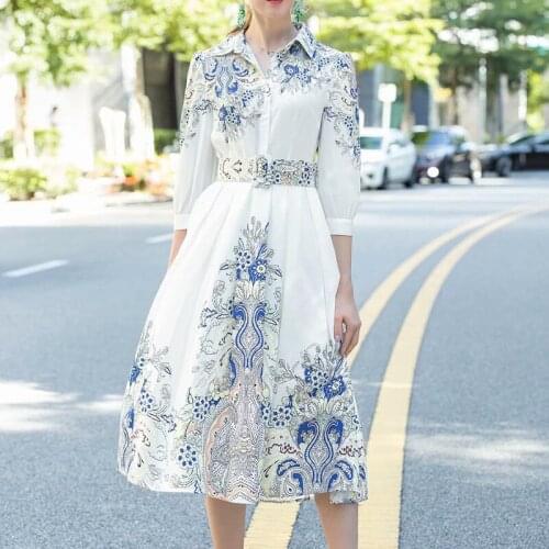 QUALITY New HIGH 2021 Fashion Designer Runway Dress Womens Turn-down Collar Long Sleeve Sashes Floral Print shirt Dress