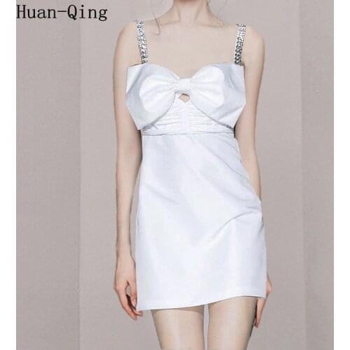 New Ladies Summer Diamond White Spaghetti Strap Dress Runway Women Sexy Sleeveless Bow Elegant Party Strapless Dresses Vestidos