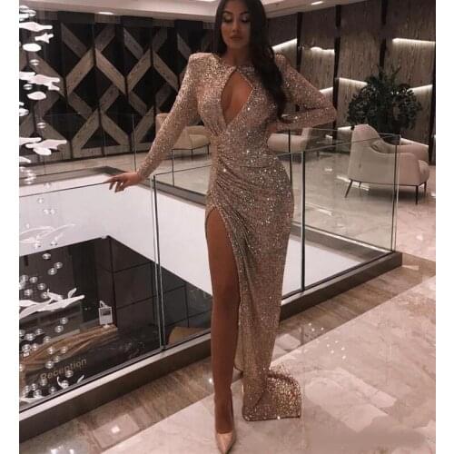 Sexy Silver Long Sleeve Mermadi Evening Dresses 2020 Sequined High Split Evening Gowns Formal Wear Evening Dress robe de soiree