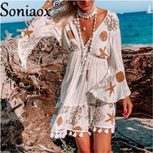 2021 Woman Vintage Print Dress Summer Fashion Deep V-Neck Ruffle Long Sleeve Midi Dress Female Elegant A-Line Tassel Beach Dress