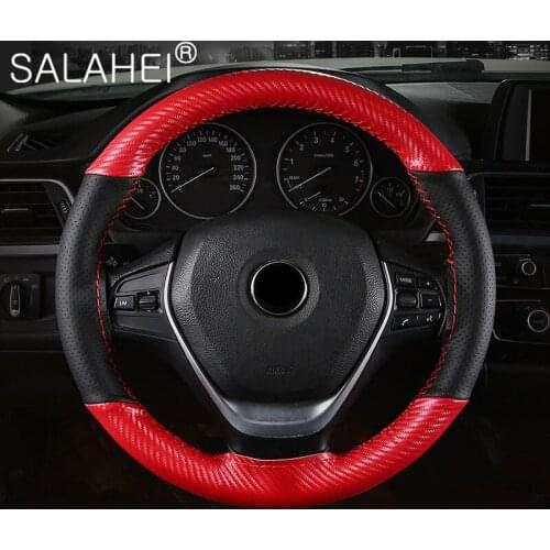 38CM Car Steering Wheel Cover Colorblock Sports Style Hand Stitch Soft Micro Fiber Leather And Carbon Fibre Leather Non-slip