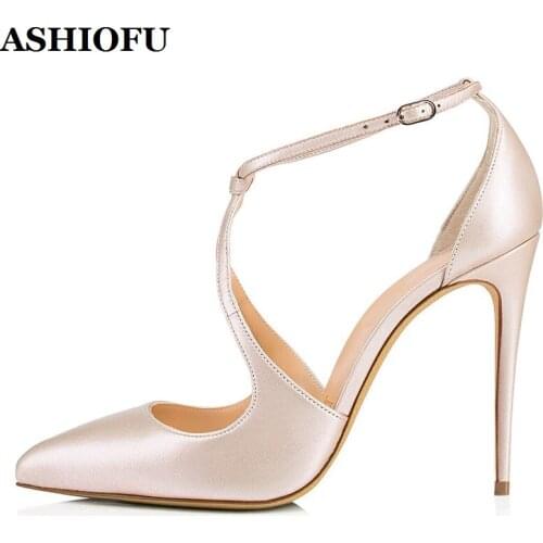 ASHIOFU Handmade New Womens High Heel Pumps straps Pointed-toe Sexy Party Dress Shoes Large Size Evening Fashion Court Shoes