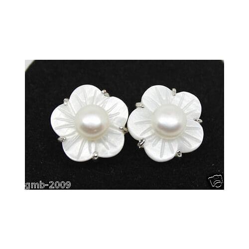 Noble ladys 6-7mm Natural White Freshwater Pearl Shell Flower 925 Silver Stud Earrings