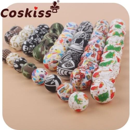 Coskiss 10pcs 15mm Silicone Christmas print Beads Baby Round Shaped Beads Teething BPA Free Sensory Chewing Toy Accessories