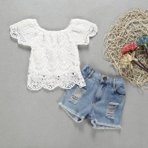 2021 baby girls clothes set top lace cap sleeve t shirt + hole hollow out denim shorts pant kids toddler summer 2pcs outfit