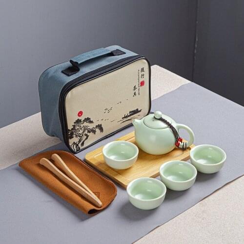 Green Kung Fu Tea Set Chinese White Travel Teaware One Teapot Four Cups Designer Ceramic Outdoor Drinkware Teaset Wate Cup Gift