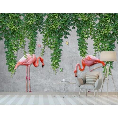 Customized 3D wallpaper fresco Nordic simple green vine flamingo butterfly TV sofa background wall decoration painting