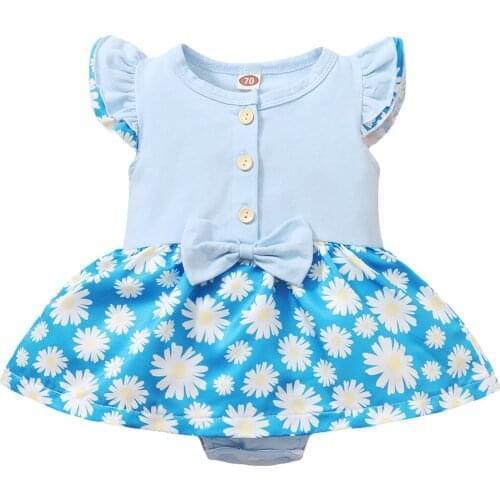 OPPERIAYA Kids Baby Girls Summer Round Neck Button Casual Bodysuit Cute Fly Sleeve Bow Front Daisy Print Tutu Ruffle Jumpsuit