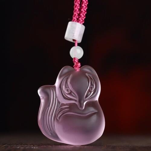 Koraba Natural Rose Quartz/Ice Obsidian Fox Necklace Healing Crystal Gemstone Necklaces Pendant Protection Amulet Charm