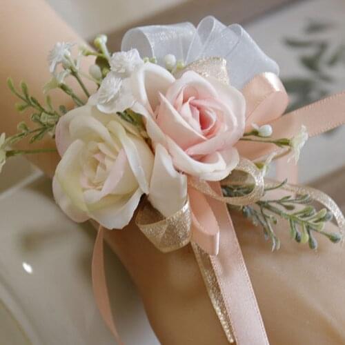 New Pink Wrist Corsage Wedding Bracelet Bridesmaid Flower Corsage Bracelet Wedding Silk Ribbon Artificial Flowers Marriage