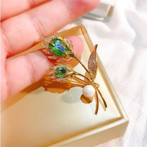 OKILY 2021 Trend Shiny Green Zirconia Tulip Womens Brooches with Pearl Dress Accessories Flower Broochpin Jewelry
