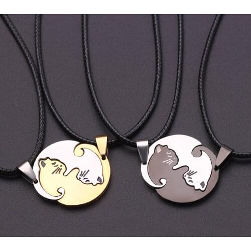 Two Cat Couples Jewelry Necklace Black White Kitten Animal Pendant Choker Necklace Women Valentines Day Thanksgiving Day Gift