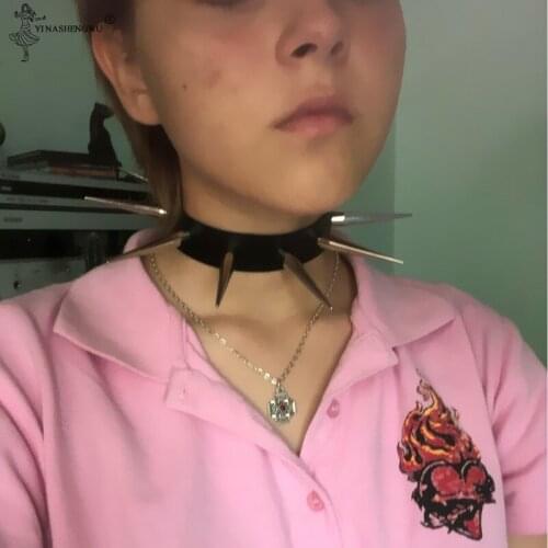 Punk Harajaku Big Metal Spike Rivets Rock Gothic Chokers PU Leather Stud Collar Necklace Hip Hop Statement Halloween Jewelry