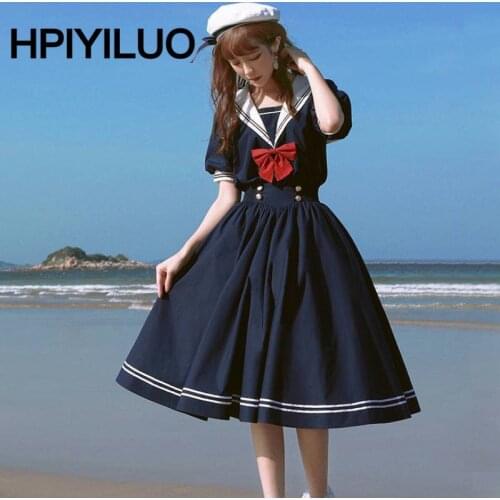 Japanese Lolita Harajuku Sailor Collar Navy Dress Sweet Bow-knot Girl Retro Cotton Kawaii Preppy Style Short Sleeve Dress Women
