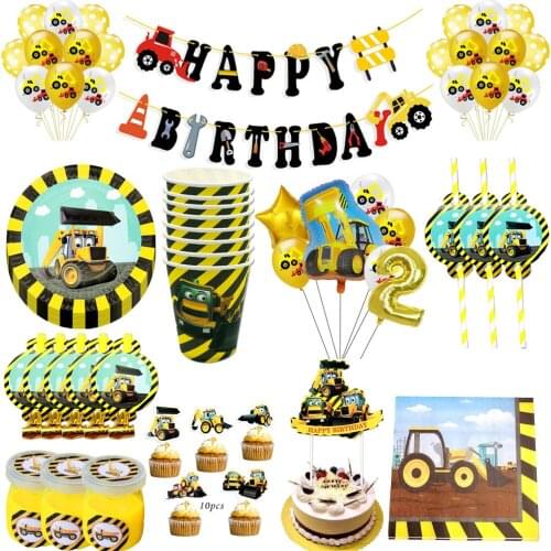 Construction Tractor Theme Disposable Tableware Paper Cup Plates Napkins Truck Vehicle Excavator Kids Party Decorations Supplies