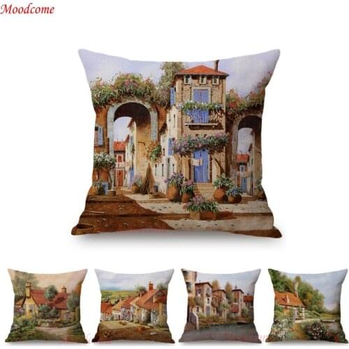 Spring Flower Garden Beautiful Scene Cottage Oil Painting Sofa Throw Pillow Case Gallery Cotton Linen Cushion Cover Home Decor