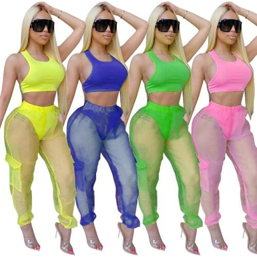 Neon Tracksuit 2 Piece Set Women Crop Top And Transparent Pants Sets Casual Jogging Femme Sportswear Summer Clothes Plus Size