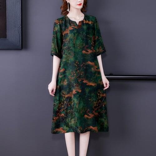 2021 Vintage Print Mulberry Silk Midi Sundress Women Casual Loose 4XL Plus Size Beach Dress Summer Elegant Bodycon Party Vestido