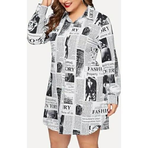 4XL Women Plus Size Dress Long Sleeve Newspaper Print Button Shirt Dress Ladies Casual Loose Large Size Dress Vestidos Mujer