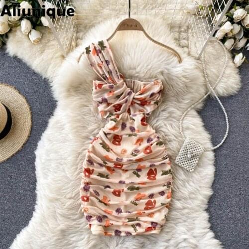 Aliunique Trendy New Printed One-Shoulder Dress For Women 2021 Summer Fashion Design Leisure Temperament Lady Sexy Slim Dress