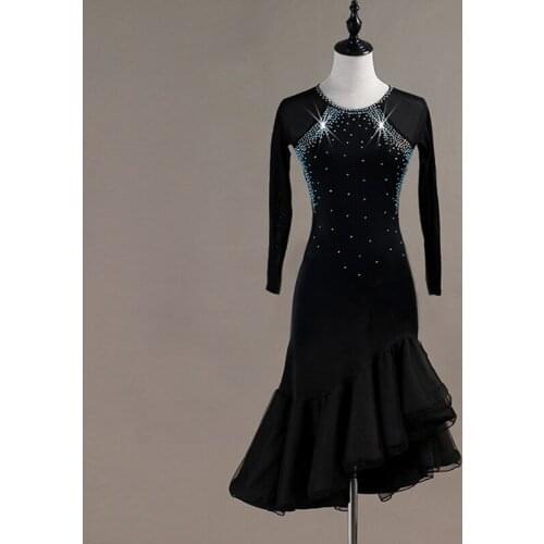 Shiny Rhinestone Latin Dance Dress Women Slim Long Sleeve Tango Rumba Samba Cha Cha Black Swing Latin Dance Skirt 2020 New Hot
