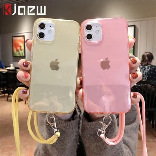 KJOEW Case For iPhone 12 11 Pro Max XS Max XR X SE 2020 7 8 6 Plus 12 Mini Crossbody Lanyard Strap Candy Color Transparent Cover